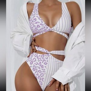 SHEIN leopard & striped twist front bikini